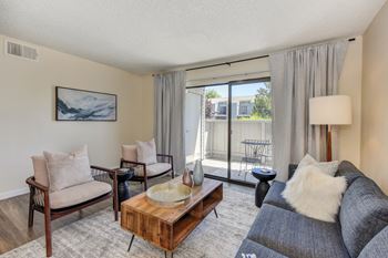 Living with sliding patio doors,  hardwood inspired floor, gray/white rug, gray sofa
